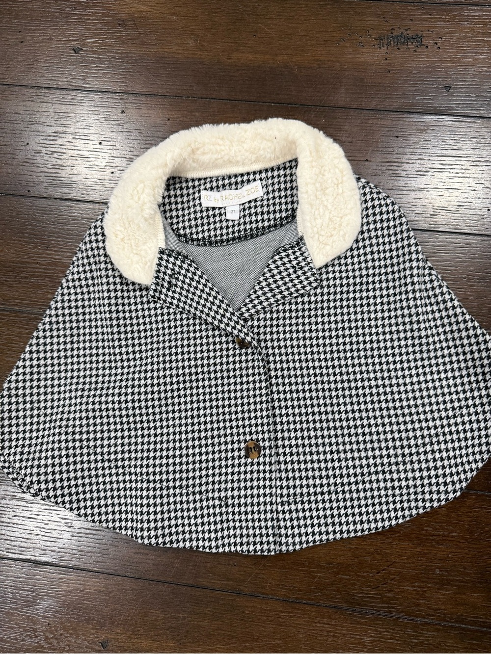 Rachel Zoe Black & White Houndstooth Kids Cape with Cream Faux Shearling Collar